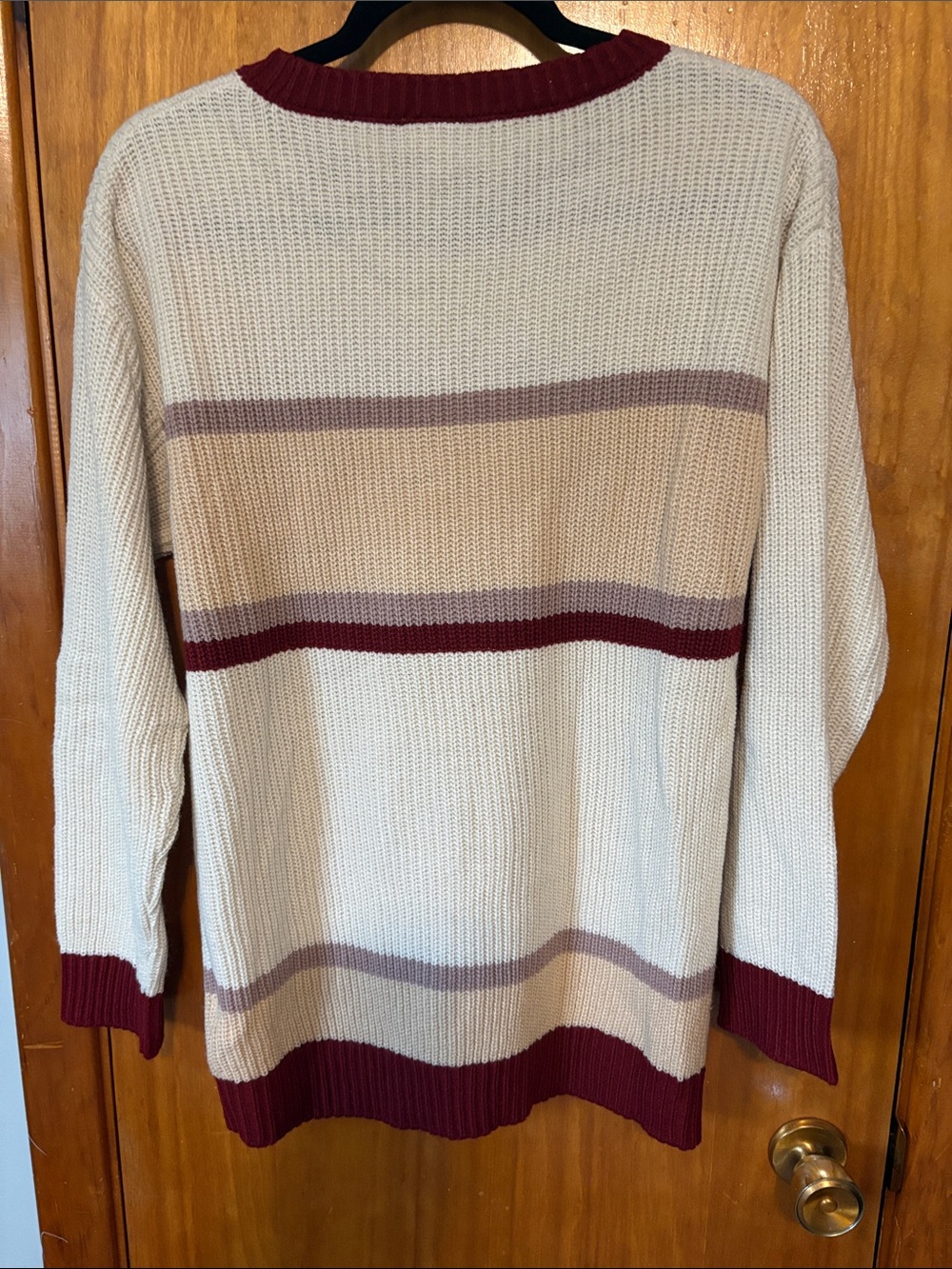 Lularoe Mariah Light Cream and Burgundy Striped Knit Sweater - Picture 2 of 6